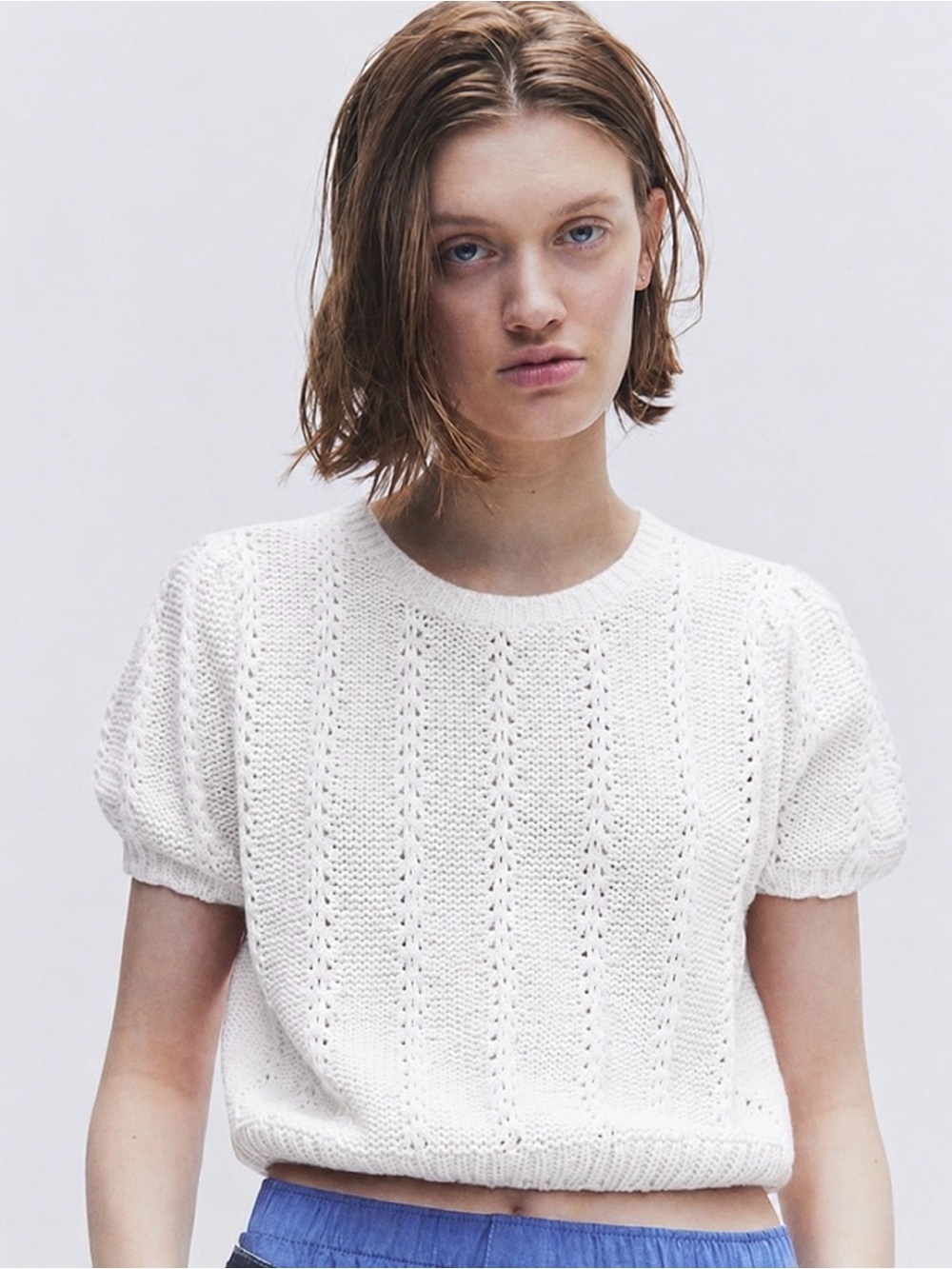 Textured-knit puff-sleeved top